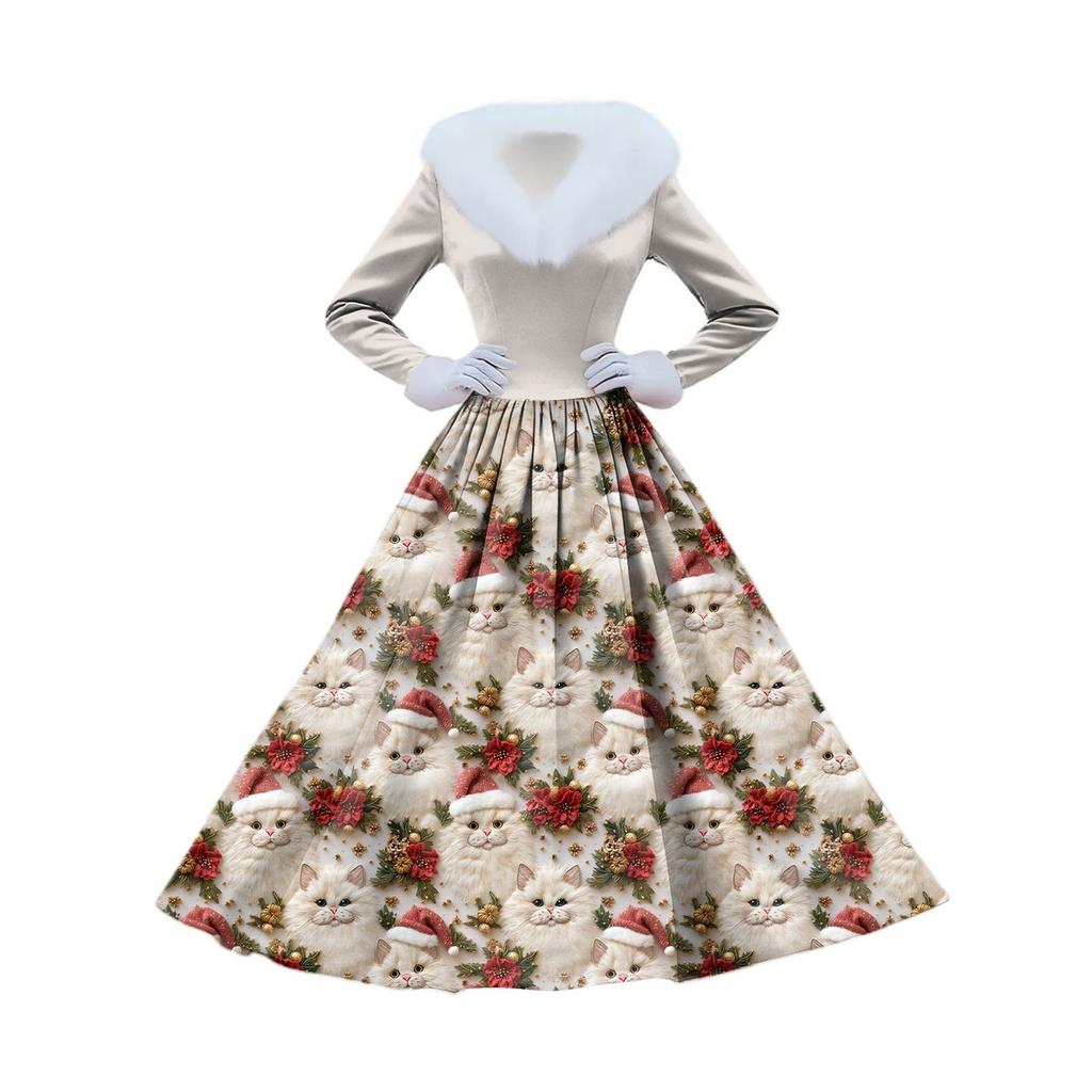 Women's Casual Dress Long-Sleeve V-Neck Patchwork Fleece Christmas Print Dress