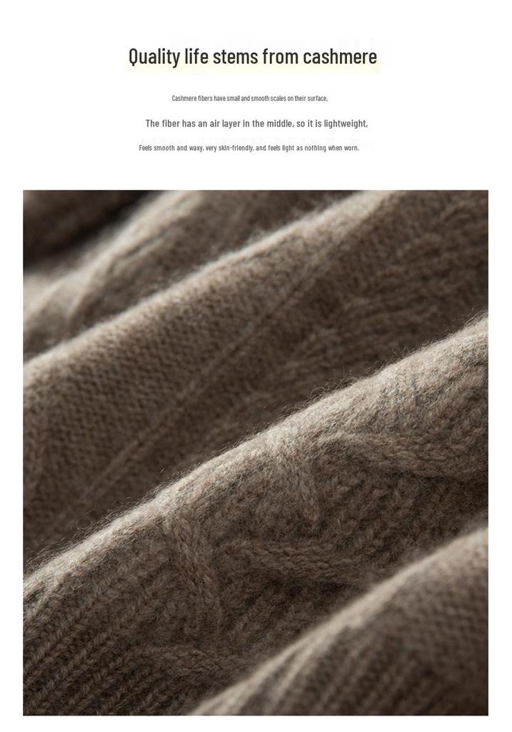 Heavyweight High-Neck Cashmere Sweater: Women's Retro Autumn/Winter Loose Cable Knit Base Layer