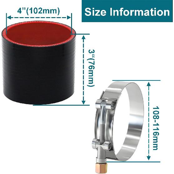 Straight ID 4" Silicone Hose Coupler, Reinforced 4-Layer Wall 5MM With 2PCS T-Bolt Clamps For Cold Air Intake, Turbo, Intercooler
