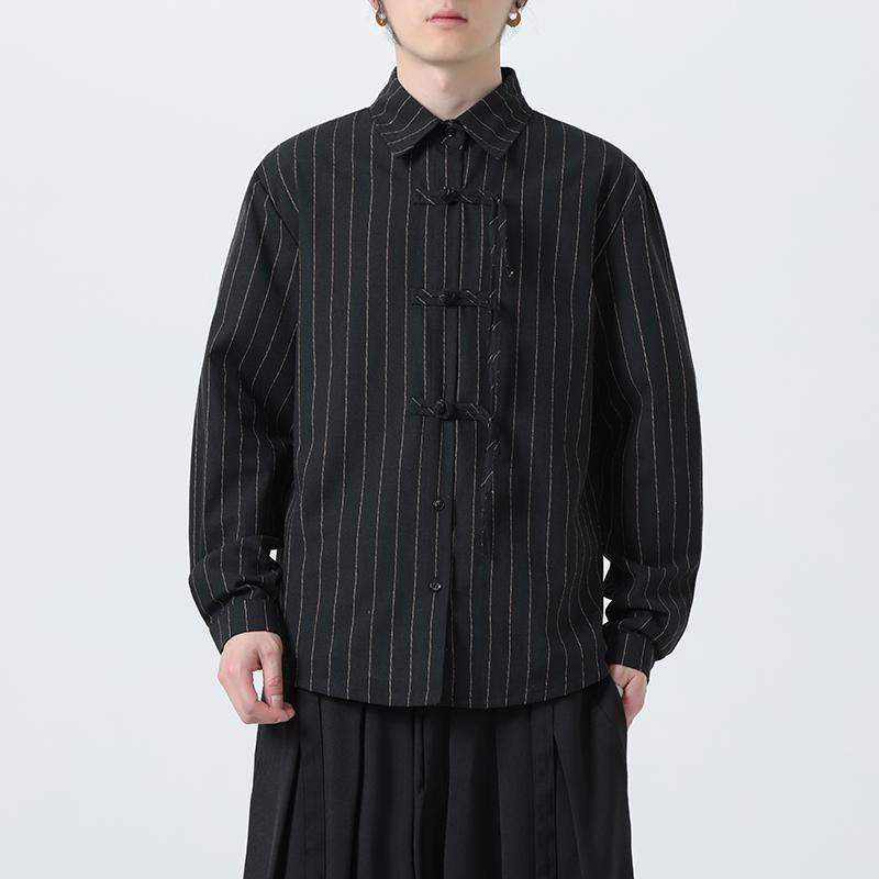 2025 Chinese Style Men Cotton Linen Shirt Spring Men Long Sleeve Frog Button Loose Blouse Tops Male Oversized Striped Shirts