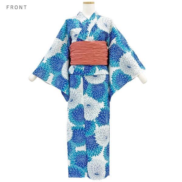 Kyoto Kimono Yuzen Yukata and Obi Set Blue Chrysanthemum Floral Print Retro Modern Yukata (2 Pieces)
