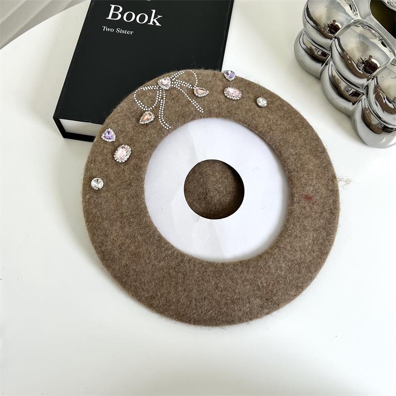 Sweet Girl Bow Beret Korean Style Big Head Woolen Hat Painter Hat Rhinestone Western-Style Fashion Octagonal Hat