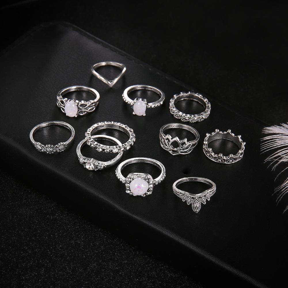 Bohemian Retro Totem Gemstone Openwork Ring Set for Women - 11 Pieces