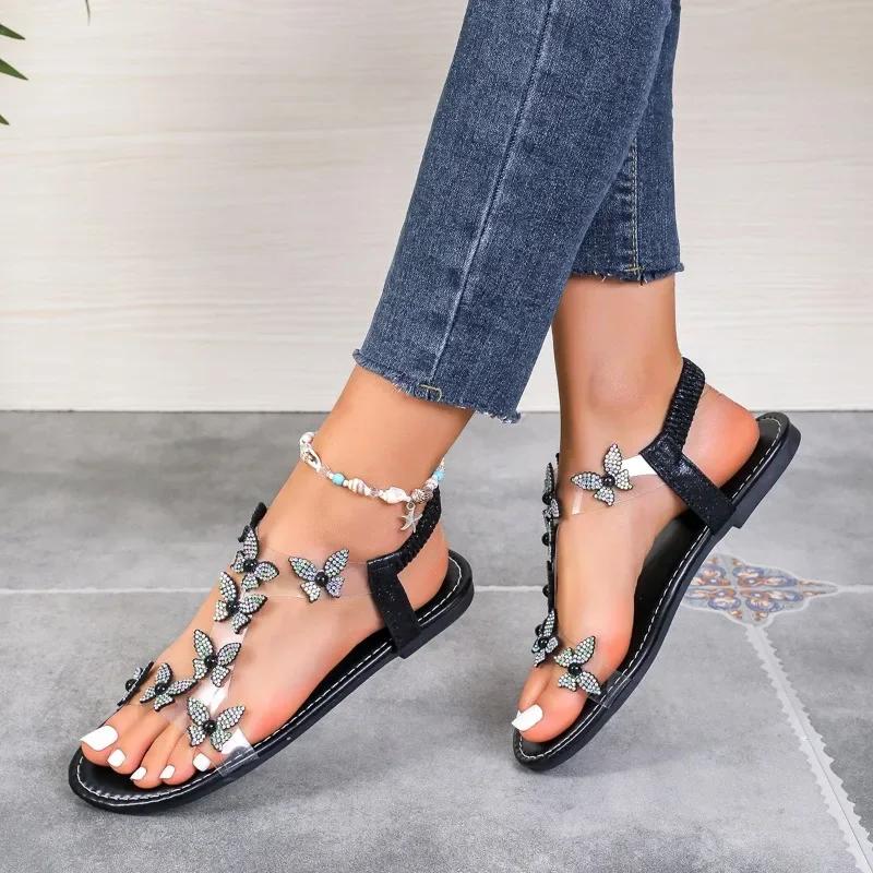 Fashion Women's Shoes 2024 New Elastic Band Women's Sandals Summer Dress Sandals Women Crystal Butterfly Open Toe Plus Size Shoes Women