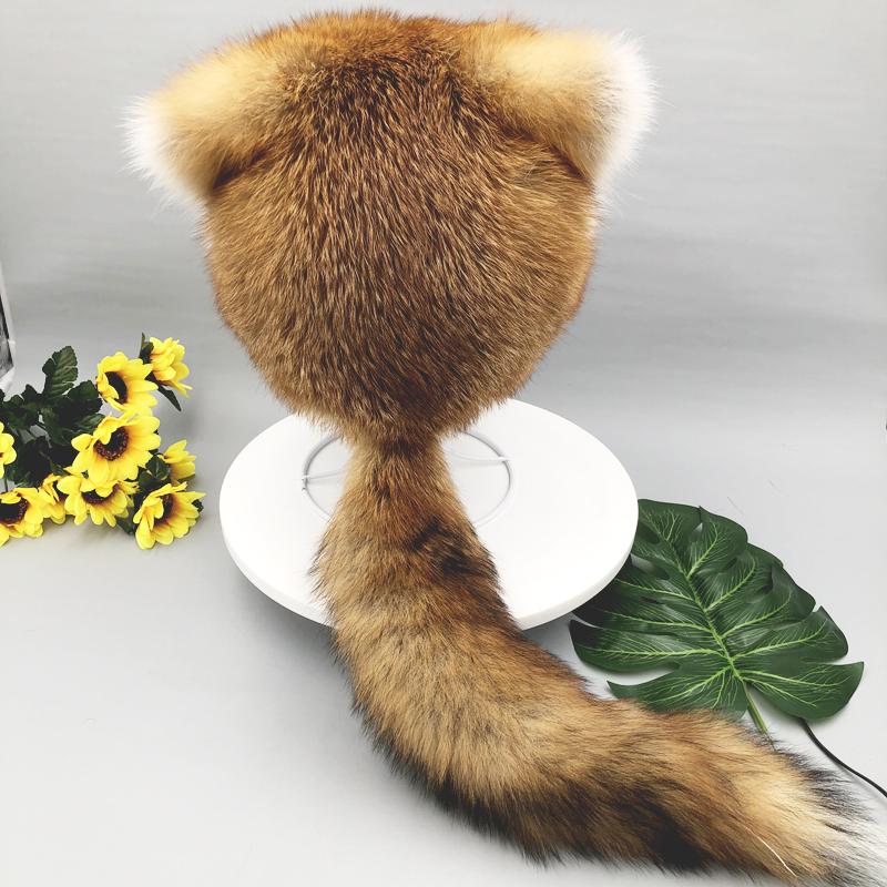 

Шапка из натурального лисьего меха нового стиля для женщин, зимняя теплая меховая шапка с козырьком и хвостом, милые кошачьи ушки, шапки из натурального меха 55-60cm золотой