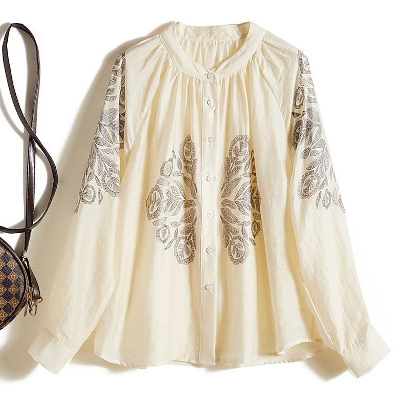 

Chinese Style Light Luxury Top! Women Raglan Sleeve Cotton and Linen Single-Breasted Small Stand Collar Shirts Four Seasons Wear Positioning Print Beige L
