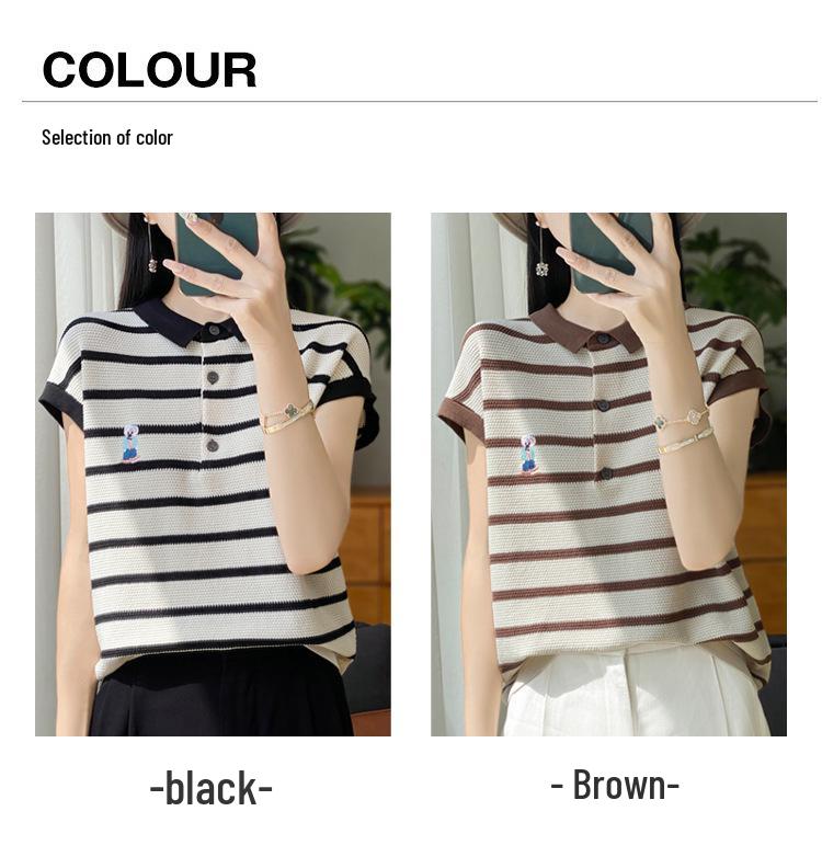 Women's 2024 Summer Ice Silk Striped Embroidered Polo T-Shirt