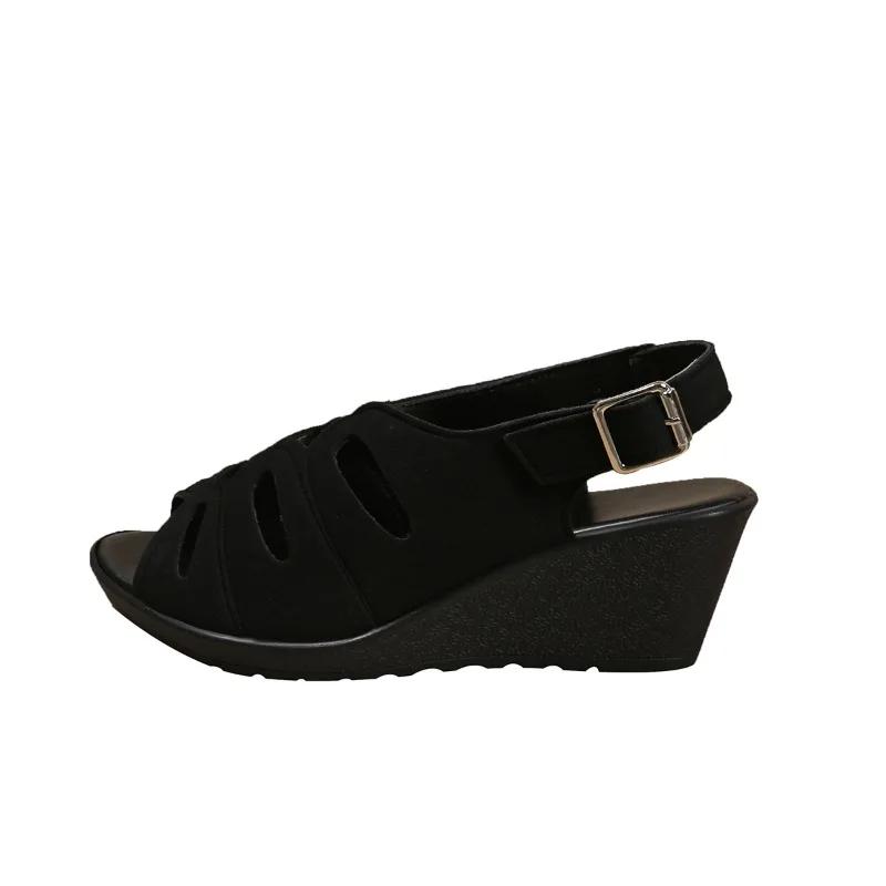 

Fashion Plus Size 2025 Summer Women s Sandals Retro Round Toe Buckle Strap Wedges Sandals Outdoor Hollow Casual Daily Peep Toe Slippers 43 чёрный