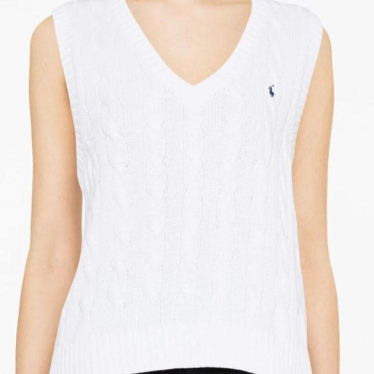 Polo Ralph Lauren SS23 Solid Color Small Logo Embroidered V-Neck Pullover Knit Vest Women Tops White 211906205-001
