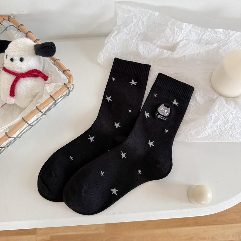 10Pair Star Socks Female Cute Cat Embroidery Tube Socks Autumn And Winter Cotton Socks Cartoon Student Stacking Socks