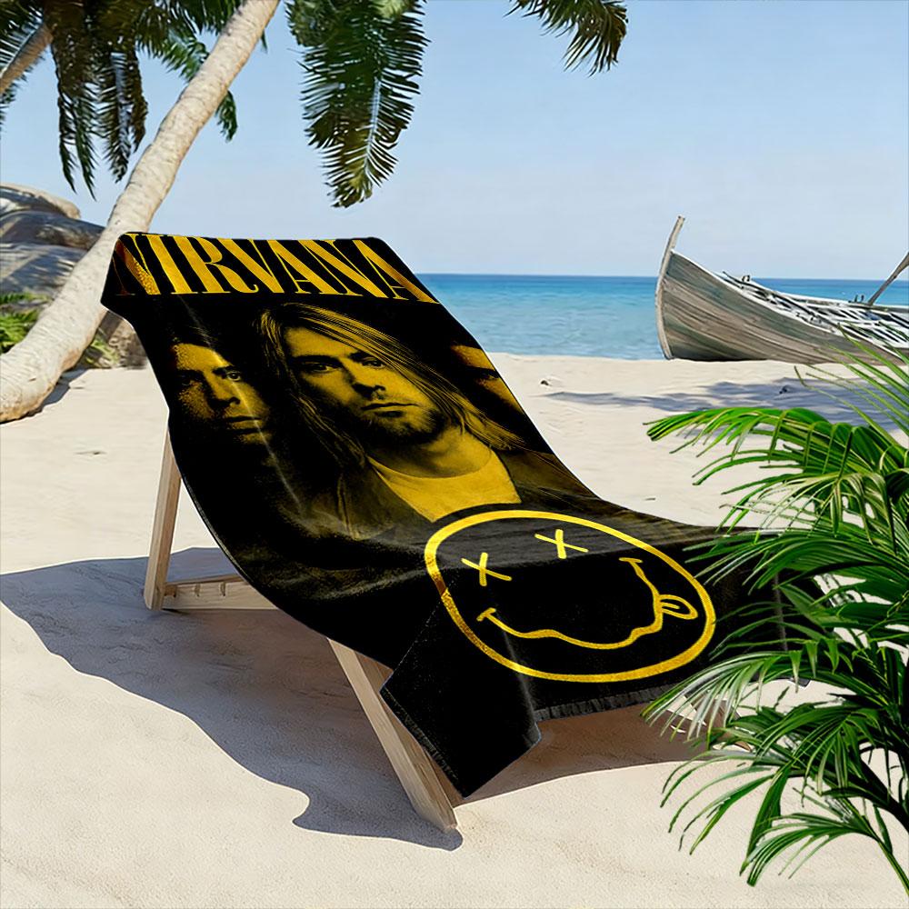 Nirvana Band Logo with Yellow Smiley Face Patterned beach towel quick dry perfect for travel outdoor sports jogging the beach and swimming