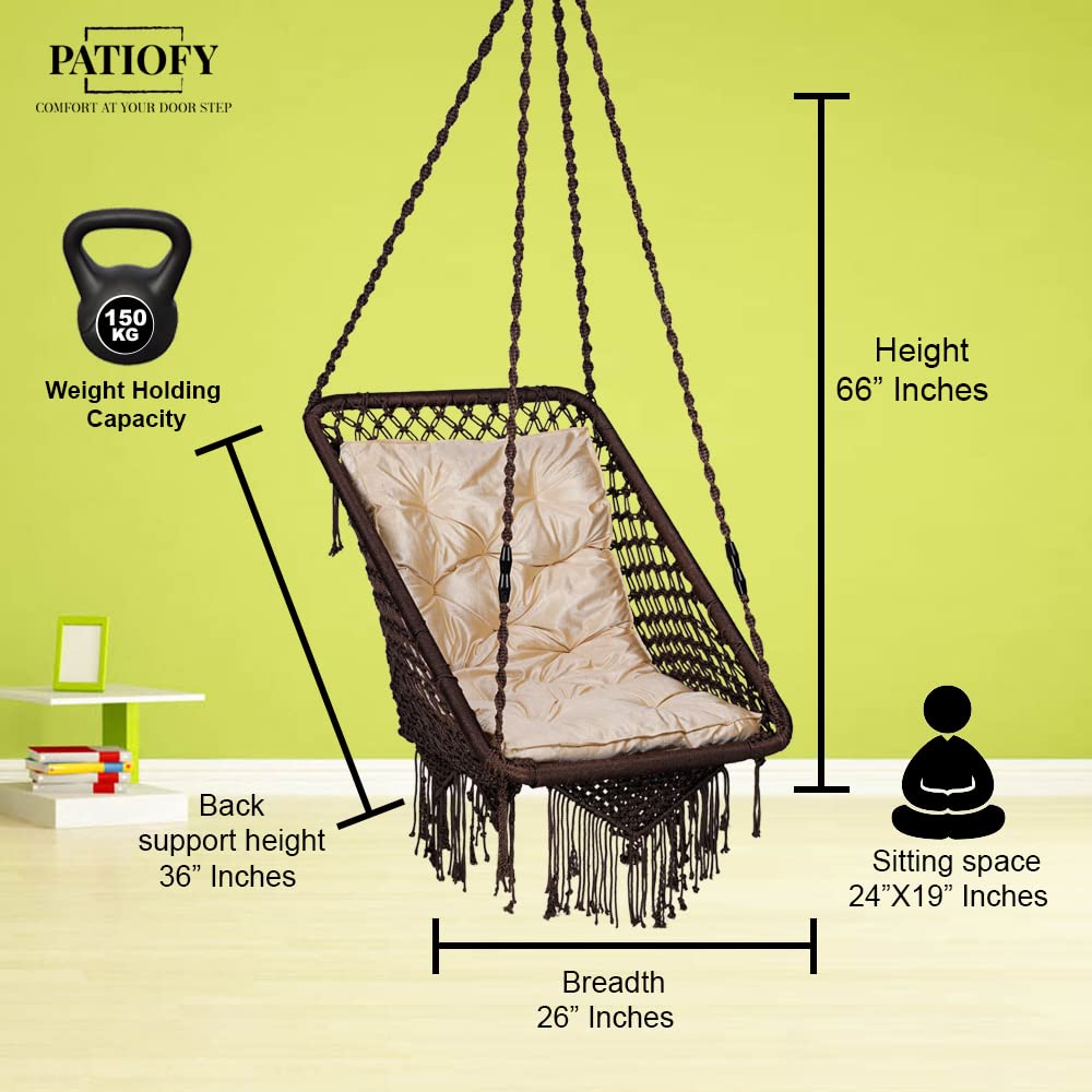 Premium Rectangle Swing Chair with Golden L Cushion & Free Hanging Kit Included-Brown