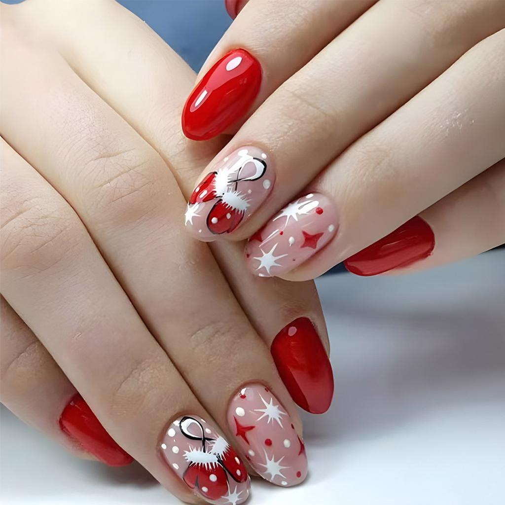 24Pcs Christmas Press On Nails Short Almond French Tips Stick On Nails Gloves Designs Full Cover Acrylic False Nails