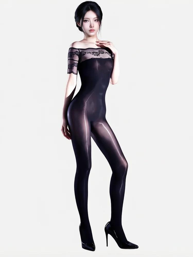 Mode Damen Spitzen Off-Shoulder Body 5D Öl Glänzend Glänzender Jumpsuit Yoga Formende Strumpfhose Patchwork Elastische Leggings Dienstmädchen Leotard