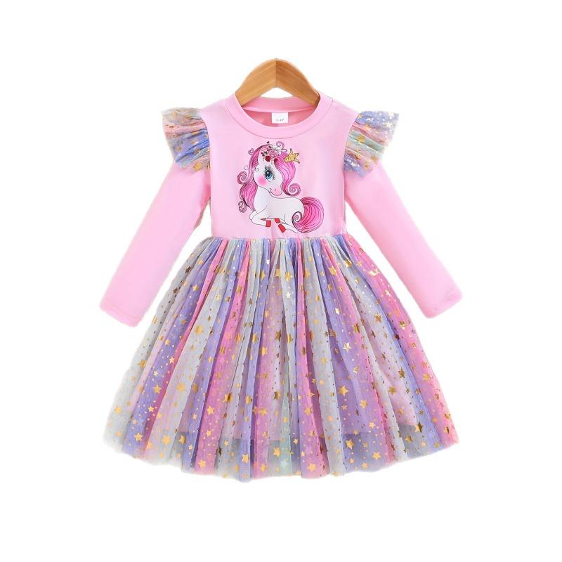 Girls Spring and Autumn Lotus Leaf Shoulder Long Sleeve Unicorn Print Dress Hem Symphony Mesh Skirt