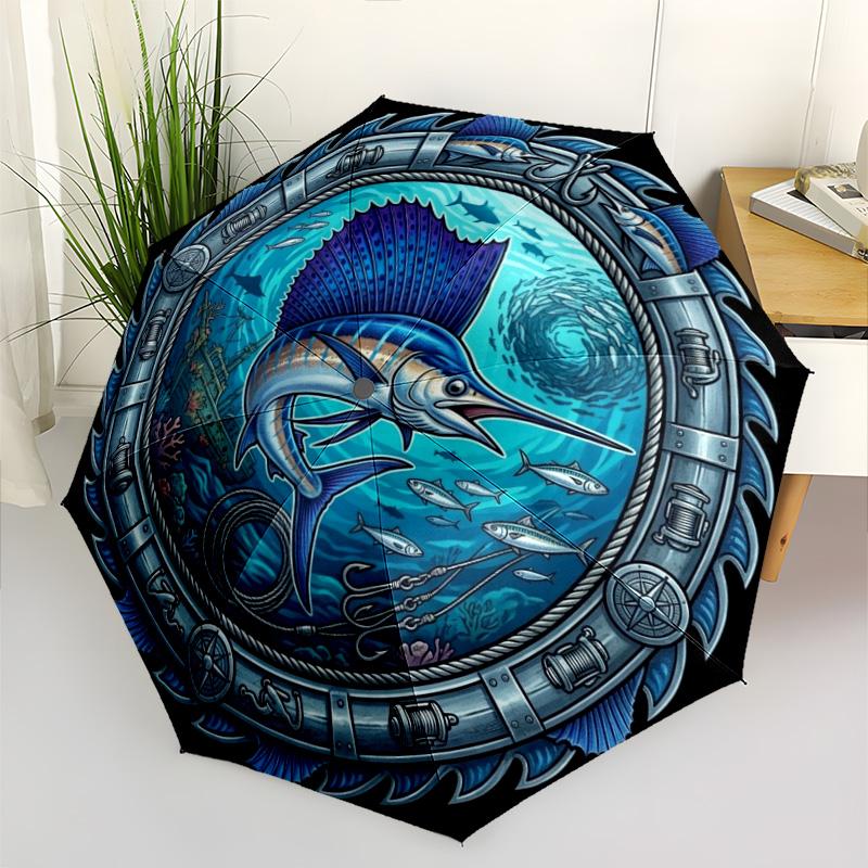 Marine Life Through Porthole pattern umbrella, portable and foldable design, 8 ribs, a casual accessory for Halloween, Christmas, and birthday gifts.