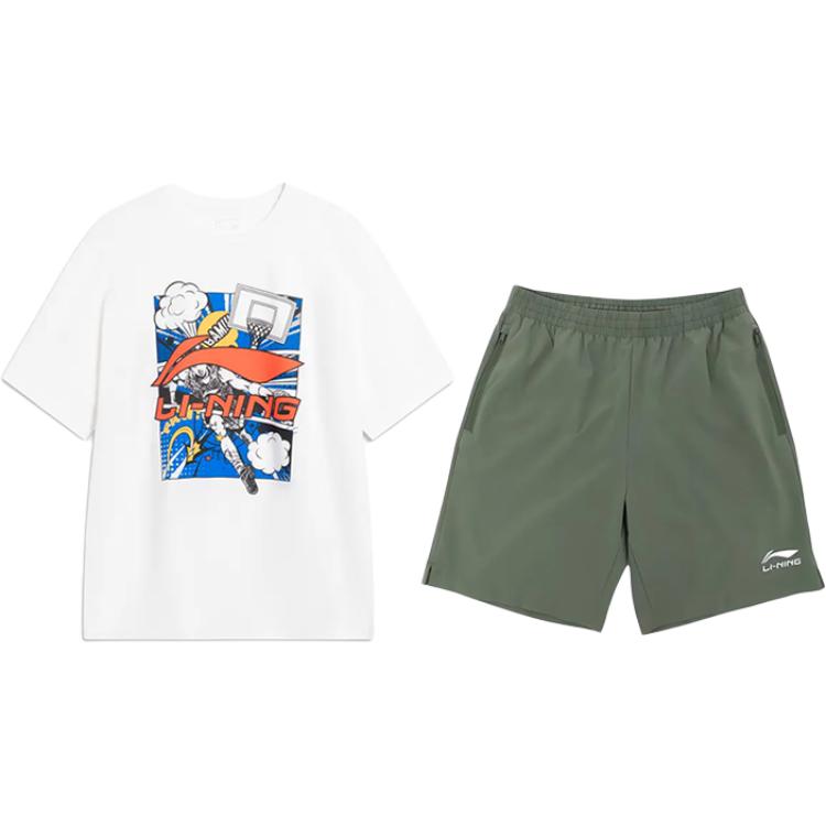 Li-Ning Round Neck Pullover Cartoon Logo Letter Print Fashion Versatile Casual Sports Suit Unisex Suit AHSU805-2+YKSV147-1