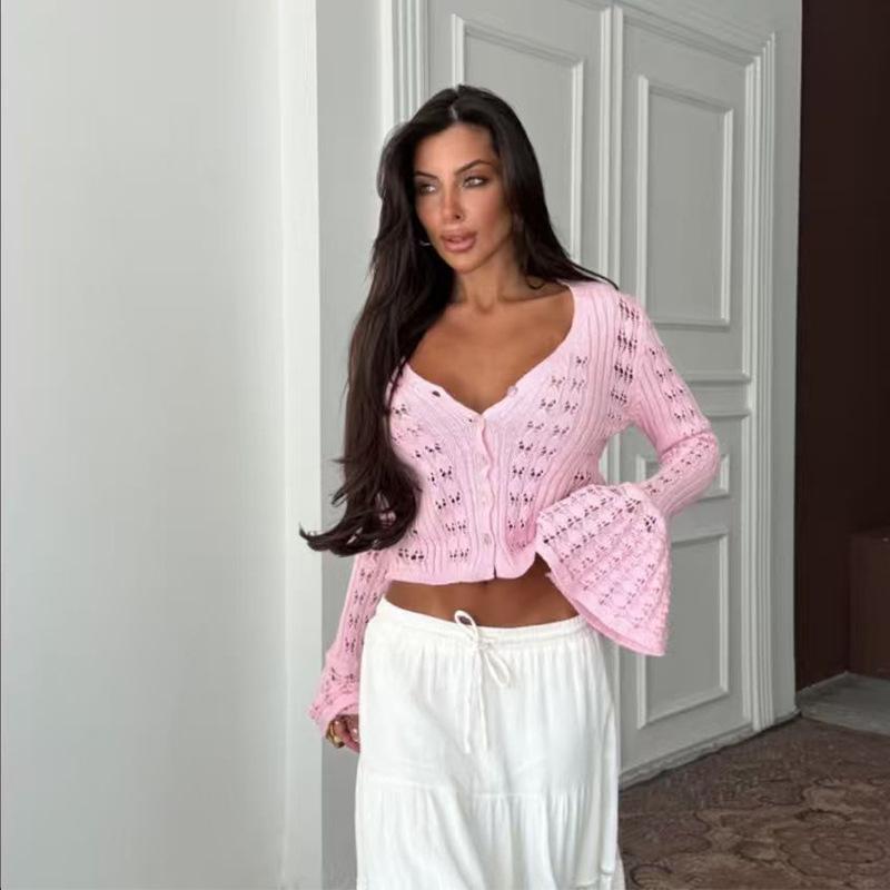 A Design-sense Hollowed-out Spicy Girl Knitted Cardigan In Solid Color, Long-sleeved V-neck, Short Flared Sleeve Top and Blouse