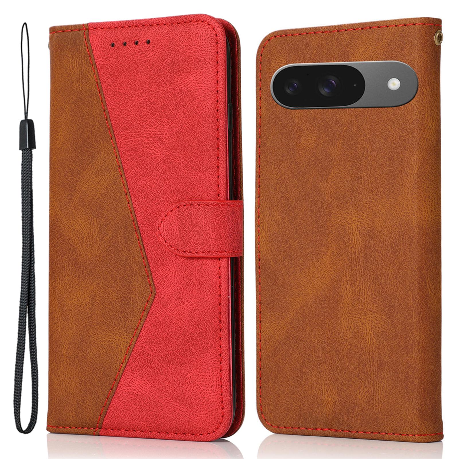 

For Google Pixel 9/Pixel 9 Pro Cover Color Splicing Wallet Stand Leather Phone Case with Wrist Strap Brown Red