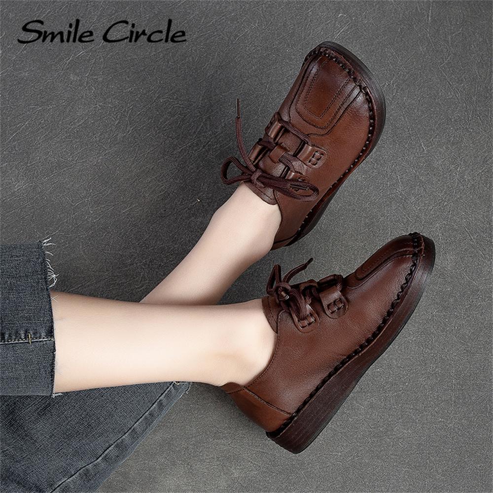 Natural Leather Women's Flat Shoes Lace-up Round Toe Casual Shoes Fashion Retro Work Shoes