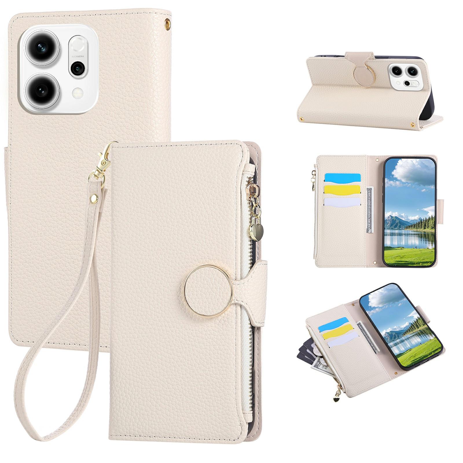 

For Oppo Reno14 5G (Global) Case Zipper Wallet Leather Phone Cover with Wrist Strap Beige