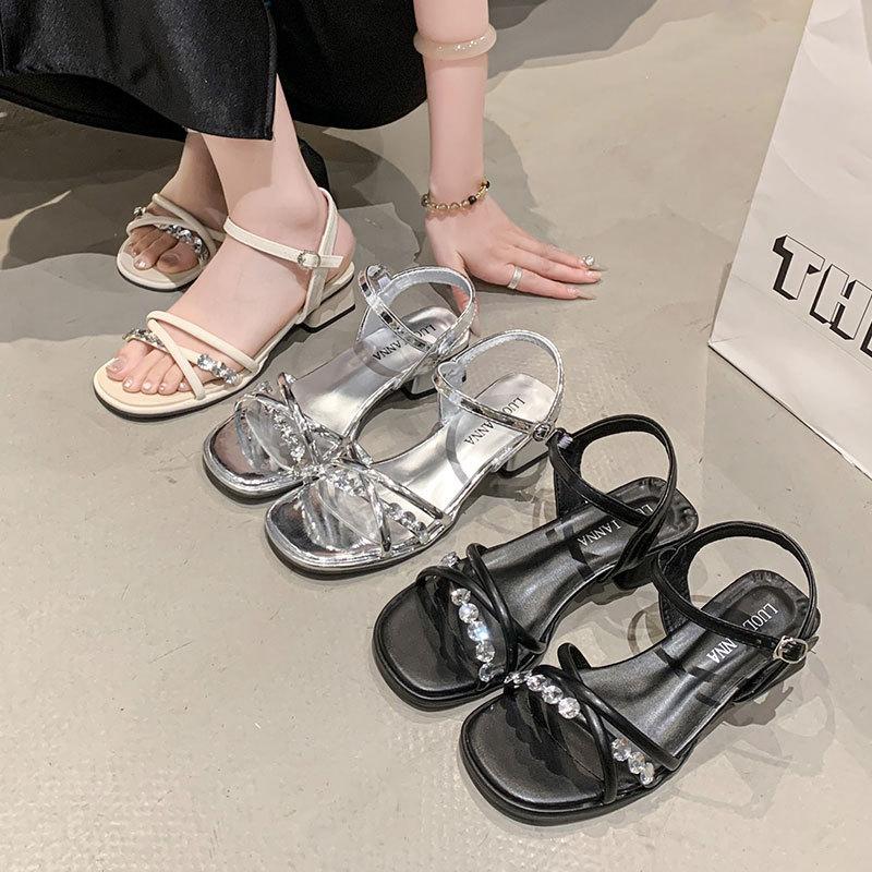 French Open-toed Rhinestone Sandals Summer New Fashion Thick Heel Square Head One-word Buckle with Skirt Women's Shoes