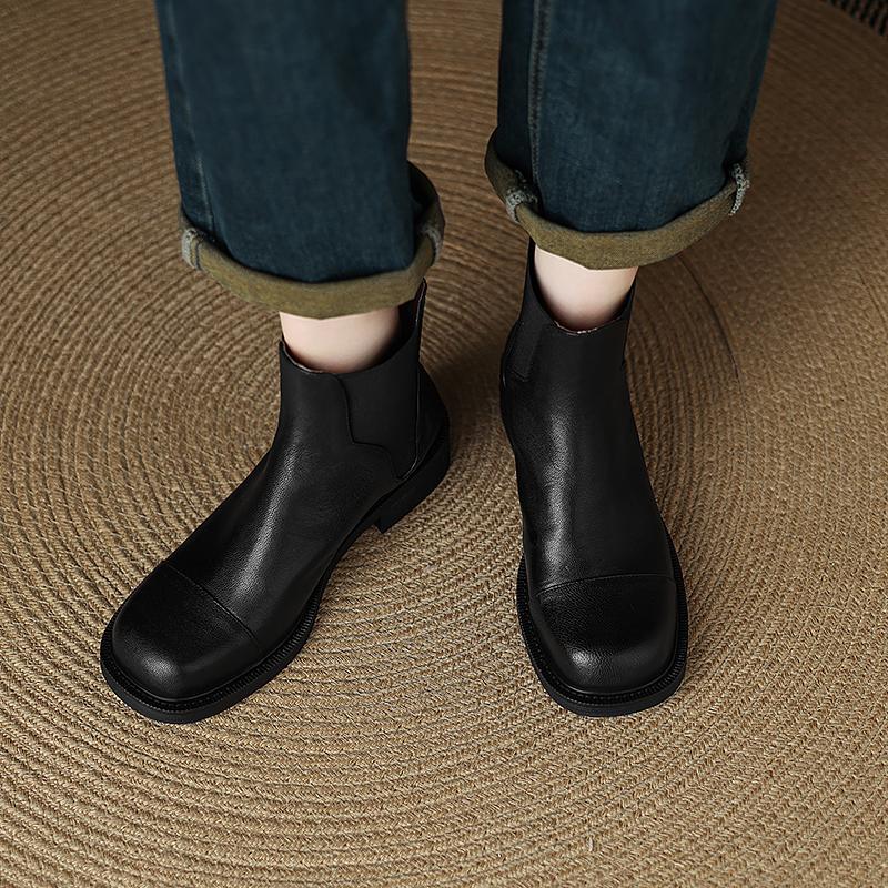 Fashion 2025 New Genuine Leather Retro Boots Women Round Toe Chunky Low Heels Elastic Band Ankle Boots Autumn Western Boots Lady Shoes