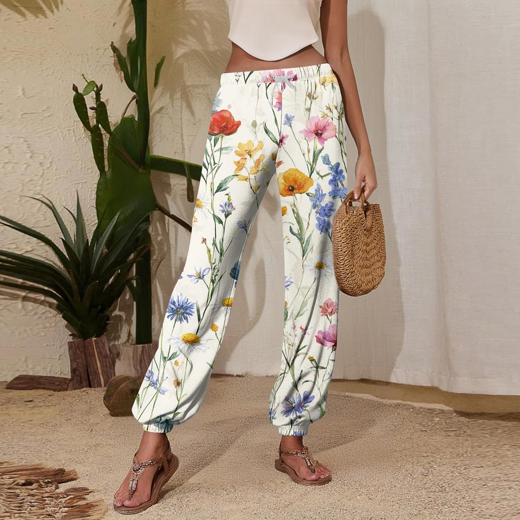 Women's Floral Print Casual Jogger Sweatpants with Elastic Drawstring Waist and Tapered Leg