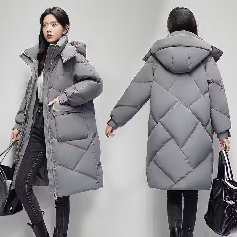 

Новое однотонное зимнее пальто для женщин, теплая повседневная свободная зимняя женская куртка с капюшоном, длинная стеганая парка, верхняя одежда XL серый