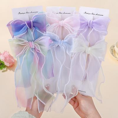 Regenbogen Chiffon Schleife Haarspangen für Damen Mädchen Niedlich Bunt Lange Quaste Pferdeschwanz Haarnadeln Kopfschmuck Haarschmuck