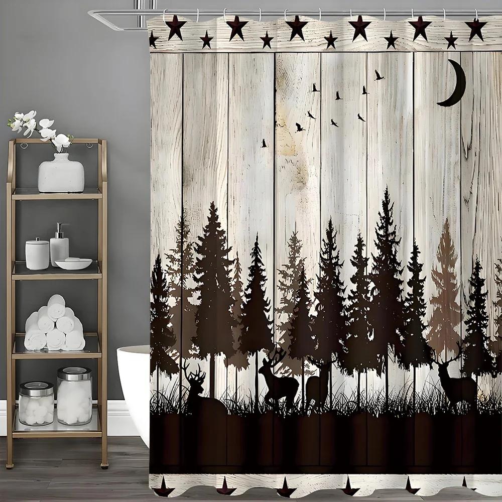 ~O~Elk Bear Pine Forest Animal Hunting Lodge Country Cottage Rustic Farmhouse Shower Curtain, Bathroom Decorative Shower Curtain