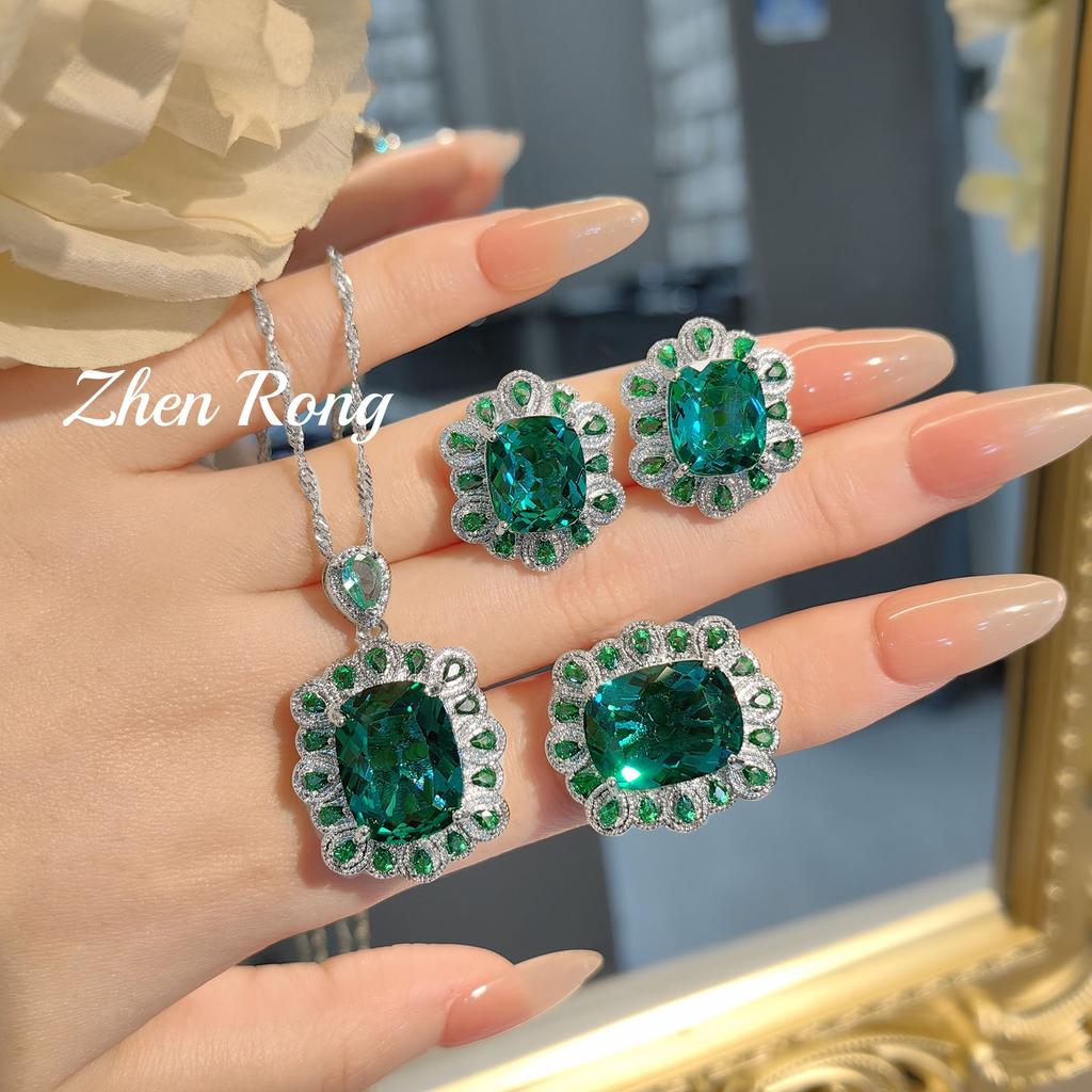 Simulation Royal Blue Treasure Pendant Necklace Earrings Set Emerald Women'S Stud Earrings Zircon Ring