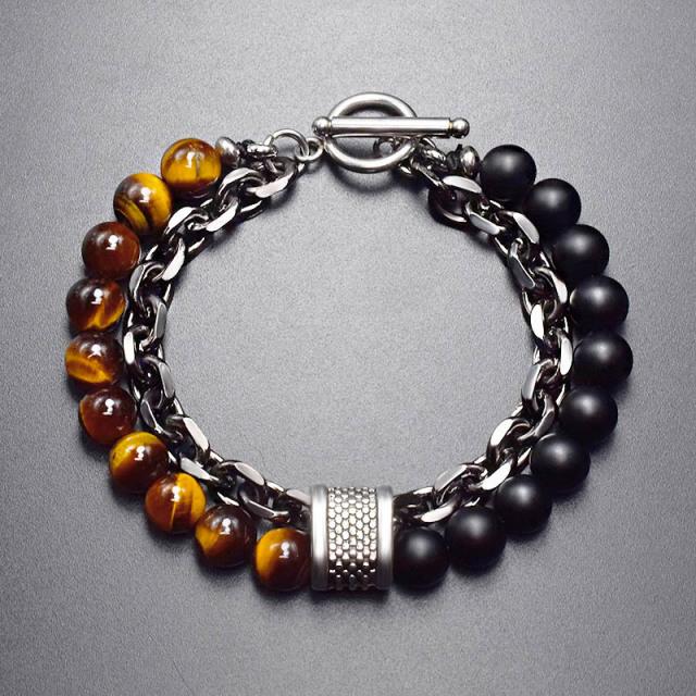 Men 'S Tiger Eye Stone Beaded Bracelet Stainless Steel Gunmetal Link Chain Yoga Bracelet Male Jewelry Dropshipping