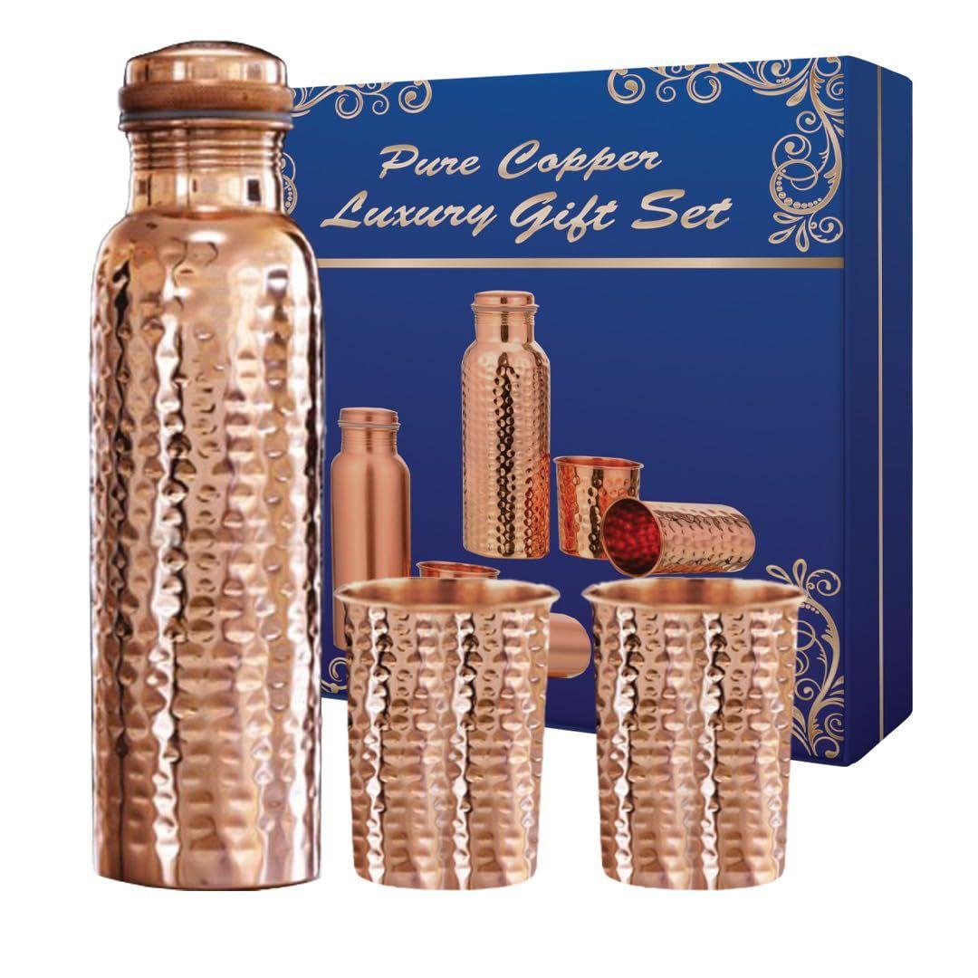 

Gift Set Pure Hammered Copper Water Bottle 1000ml + Copper Glass (Pack of 2-300ml Each) Original Heavy Build