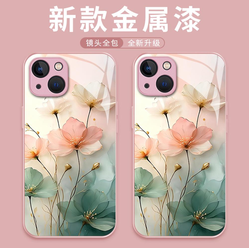 Ins Wind Small Fresh Oil Painting Flower Mobile Phone Case iPhone14 High Sense Niche Apple 17p Glass Protective Case