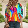 Women Plus Size V Neck Half Zip Long Sleeve Striped Printed Blue White Sweatshirt