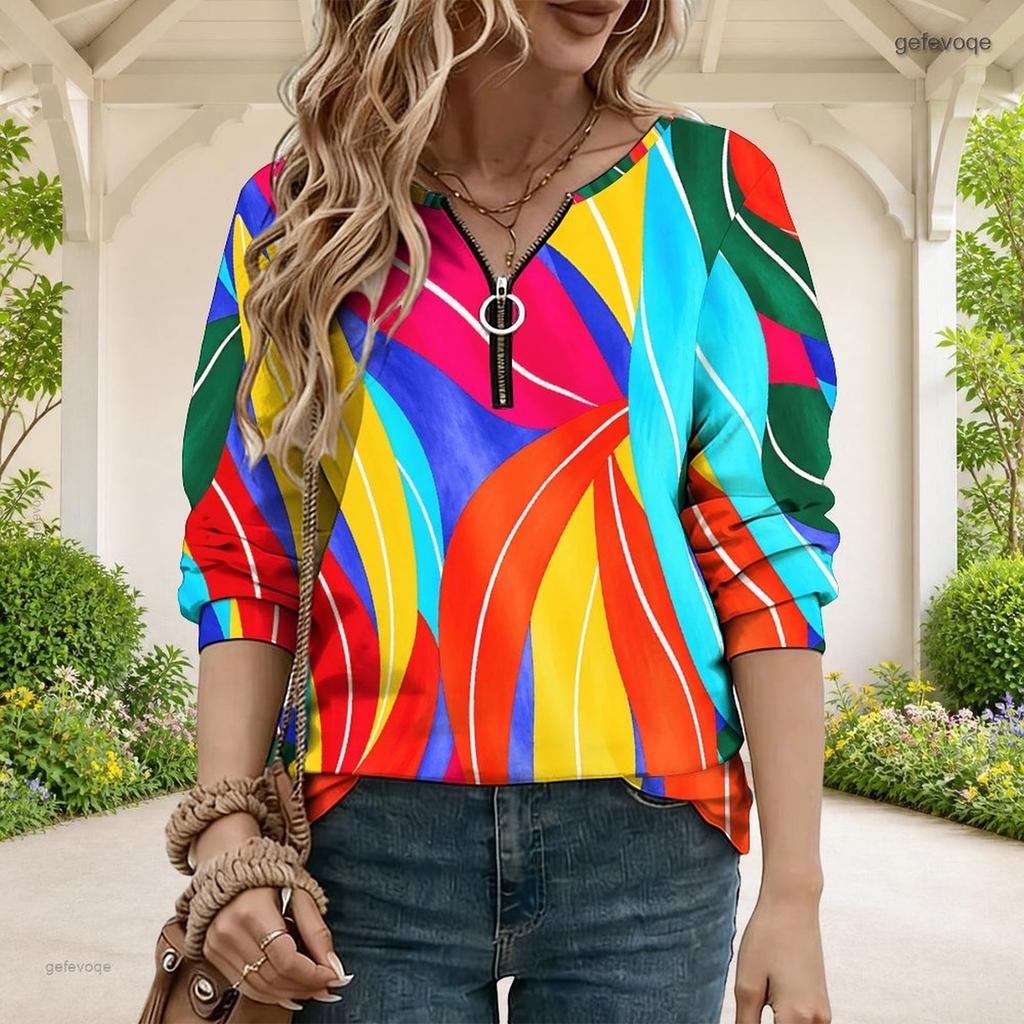Women Plus Size V Neck Half Zip Long Sleeve Striped Printed Blue White Sweatshirt