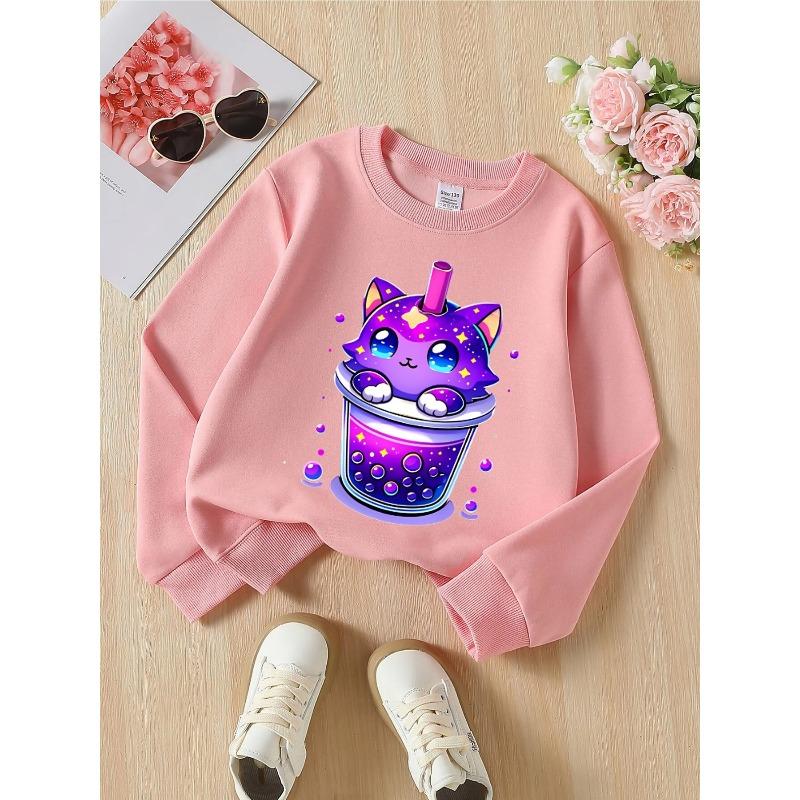 European sizes Crewneck Sweatshirt for Kids Featuring a Galaxy Cat with a Bubble Drink Design, Soft And Comfy Sports And Casual Wear