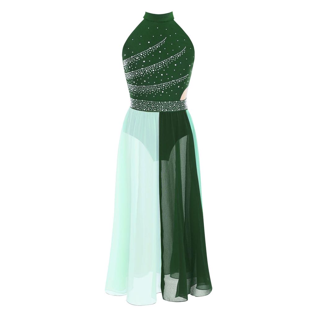 Girls Modern Lyrical Dance Dress Mock Neck Sleeveless Sparkly Rhinestones Color Block Side Split Chiffon Skirt