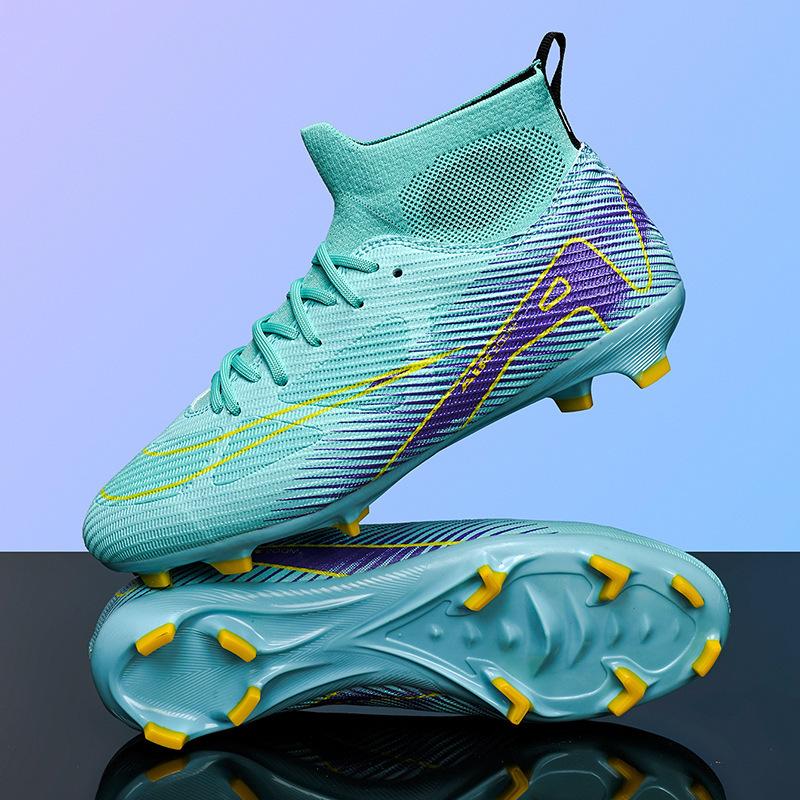 New High-top Student Football Shoes, Fly-woven Socks, Artificial Flat AG Nail Leather Foot Training Shoes for Men and Women