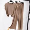 2 Pcs/Set Women Summer Pajamas Comfortable Elastic Waist Solid Color Loose Drawstring Sleeping Wide Leg Short Sleeves Sports T-shirt Pants Set Female