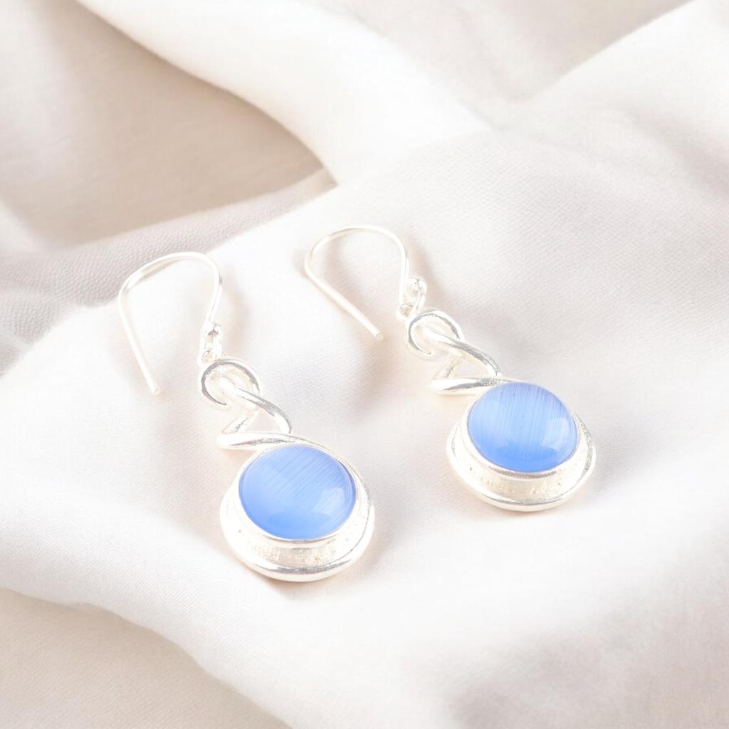 Dark Blue Cat's Eye 925 Silver Jewelry Earrings, Birthstone Earrings For Women's CE-14-33
