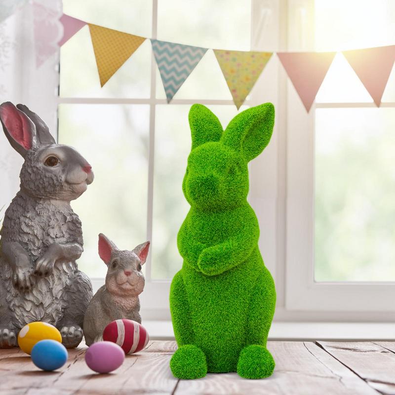 Easter Green Moss Bunny Standing Figurine Weatherproof Outdoor Garden Statue Desktop Ornament for Easter Party Kids Gift