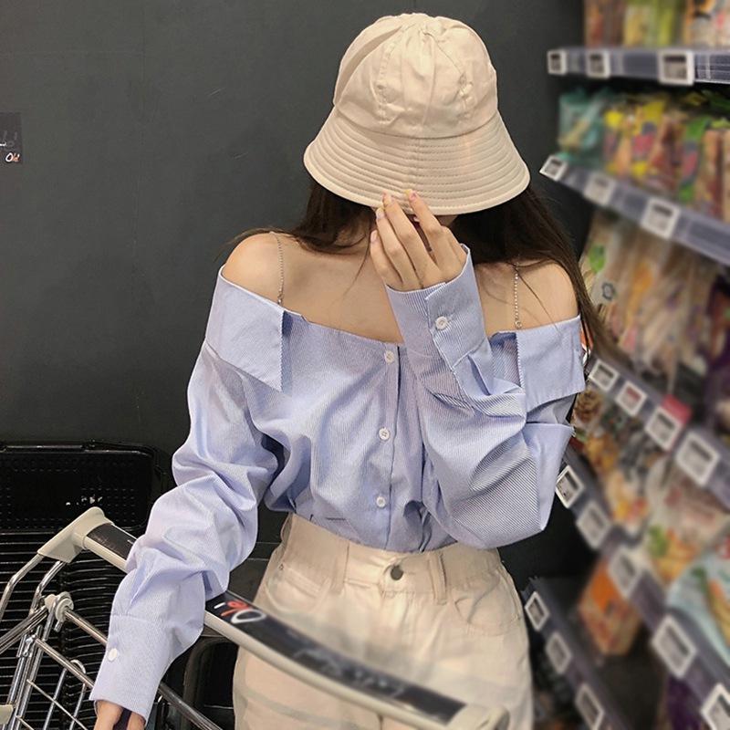 

Женская блузка, повседневная футболка, свободная блузка с открытыми плечами и пуговицами спереди, с длинным рукавом, топ S