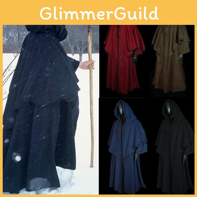 Mysterious Black Medieval Hooded Robe Cape For Cosplay Events And Halloween Celebrations
