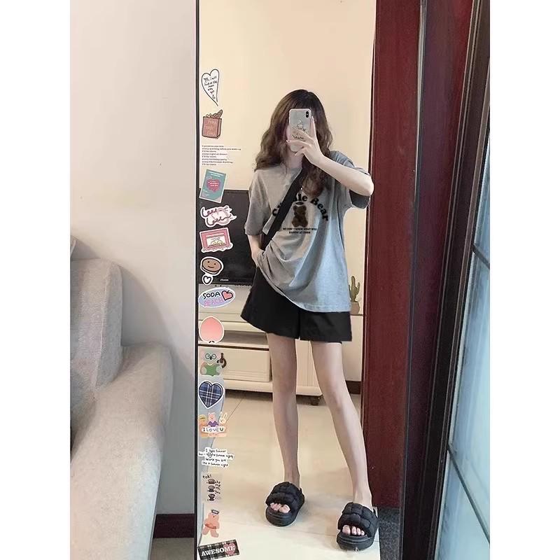 Summer Maternity Light Gray Cotton T-Shirt & Shorts Set - Korean Style, Casual, Loose Fit, Short Sleeve Two-Piece