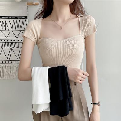 Actual Price Summer Sexy Arc Neckline Knit Shirt Short Section Navel Short-sleeved Tops Casual Essential Comfort and Style Slim Fit Pullovers Tees