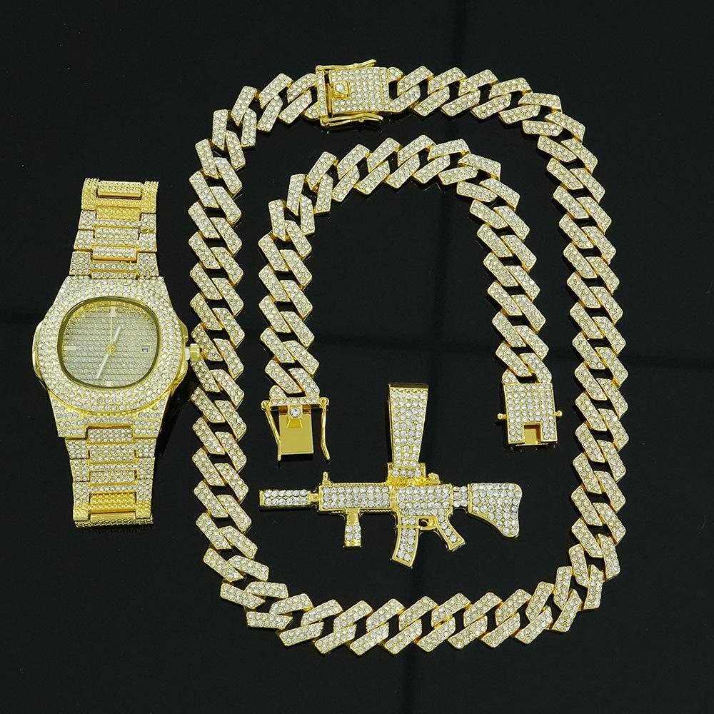 Hip Hop Persönlichkeit Pistolenanhänger Kubanische Kette Halskette Armband Uhr Set Modisches und Vielseitiges Herrenschmuck Geschenkbox Set