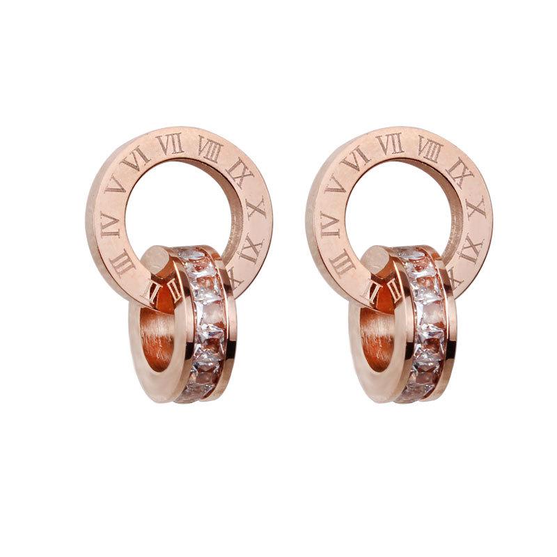 Titanium Steel Korean Roman Numeral Double Circle Stud Earrings
