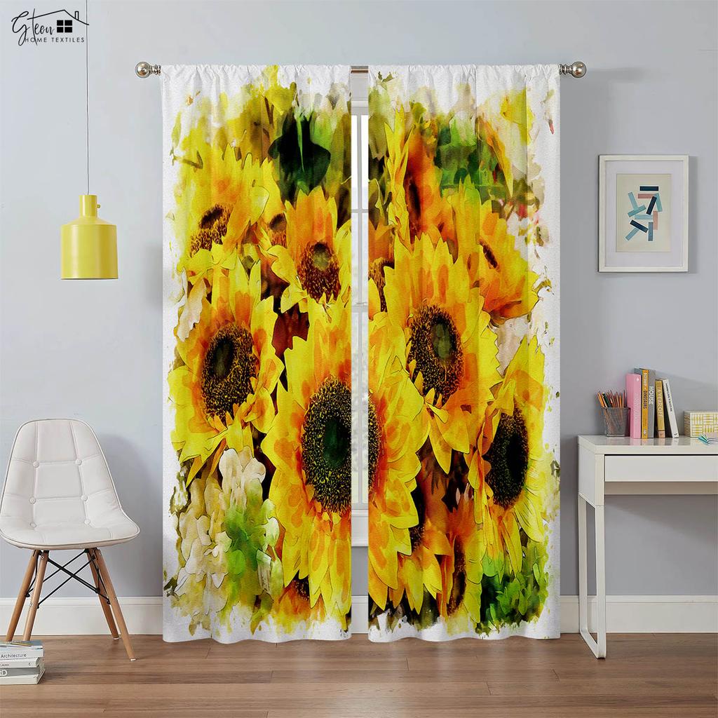 Vorhänge mit Sonnenblumendruck, Retro-Blumenmuster, geeignet für Schlafzimmer, Wohnzimmer, Balkon, dekorative Vorhänge, 2 Stück